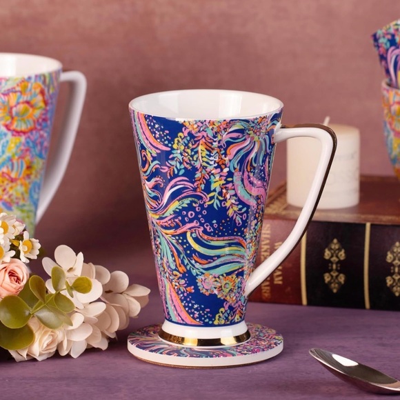 NWT Set of 2 Tall Floral Porcelain Coffee Mugs | 16.9 oz | Gold Base | Gift Box - Picture 7 of 12